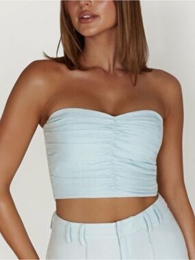 Meshki Light Blue Strapless Ruched Crop Camisole